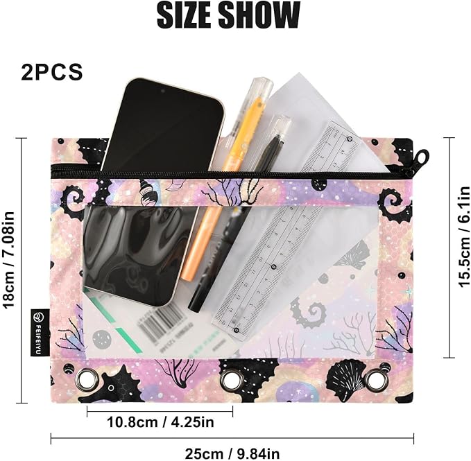 Seahorse Star Coral Seashells Pencil Pouch for 3 Ring Binder 2 Pack Zipper Binder Pencil Bag Case with Clear Window Office School Supplies