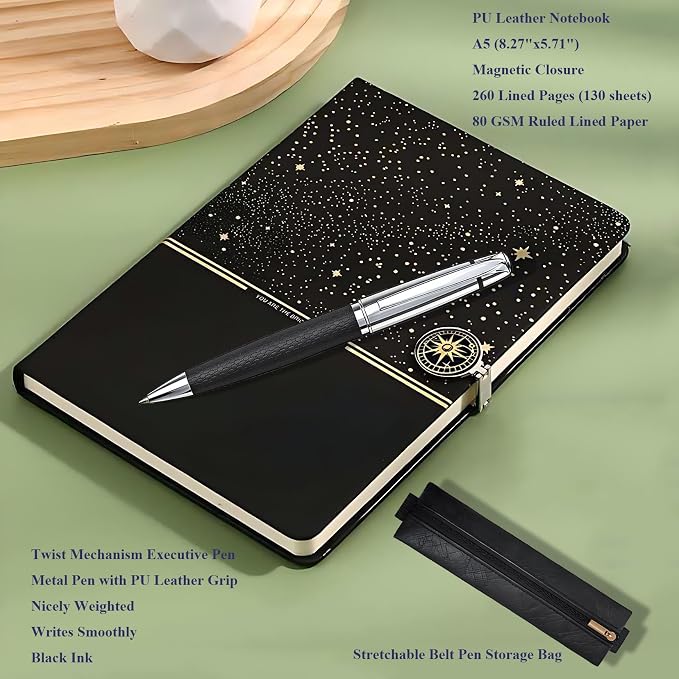 A5 Lined Journal Notebook Gift Set - Night Sky Hardcover Diary with Executive Pen & Elastic Pouch, 260 Pages 80gsm Thick Ink-Proof Paper, Magnetic Closure for Business, Travel & School Writing