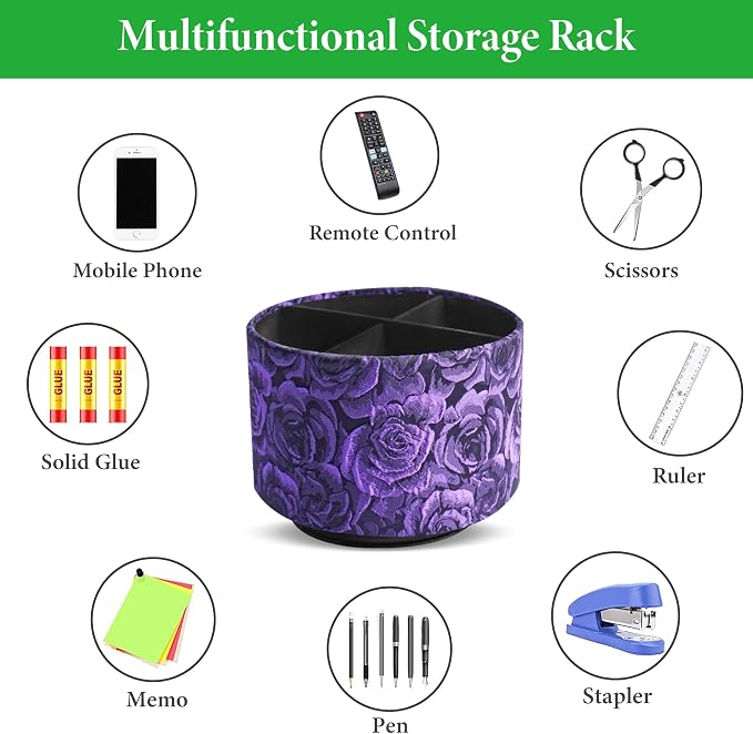Round Leather Art Supply Organizer,Remote Control Holder,360 Degree Rotating,Multi-Functional Pencil Holder,4 Compartments Desktop Stationary Organizer(1-3D Rose Purple)