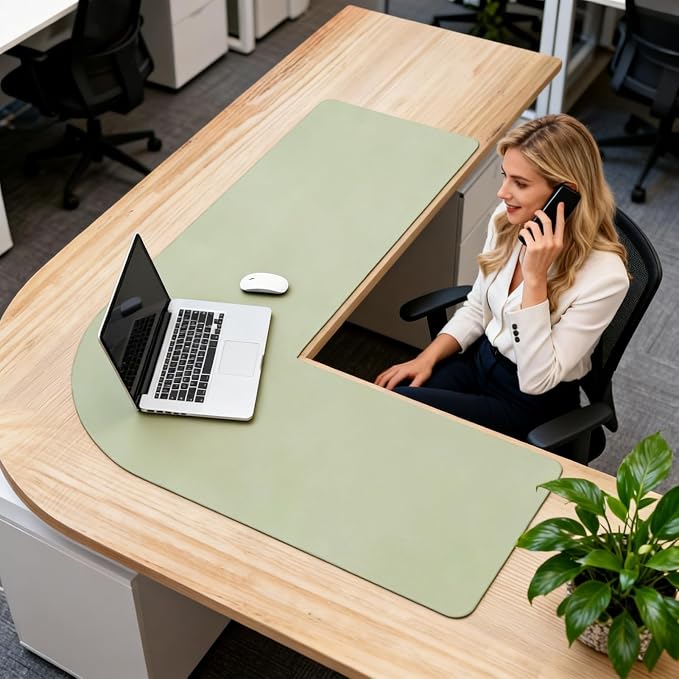 L Shaped Gaming Desk Mat Mouse Pad, White, 56"x54.8"x16" | PU Leather Corner Desk Mat Blotter, Waterproof Desktop Protector for Computer Keyboard Home Office