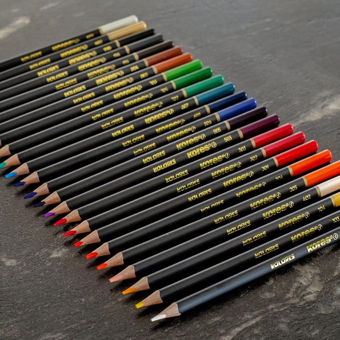 Kores - Kolores Selection: 24 Coloured Pencils for Adults & Artists, FSC wood with Soft Lead, Triangular Shape, Premium Arts and Hobby Supplies, Set of 24 Assorted Colours in metal case