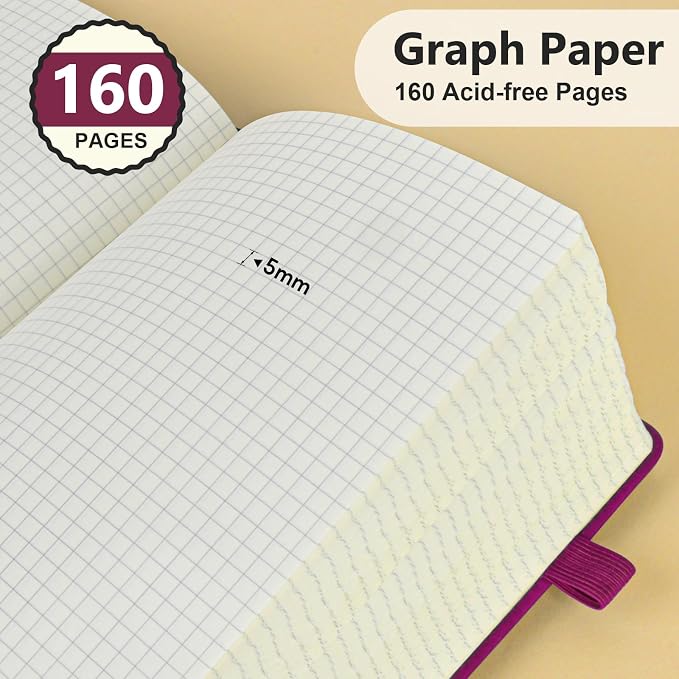 PERCUN A5 Graph Paper Notebook, Leather Journal, 160 Pages Grid Notebook | 5.9"x8.5" hardcover journal with quad ruled paper for work, school, writing, notes, journaling and daily planning.