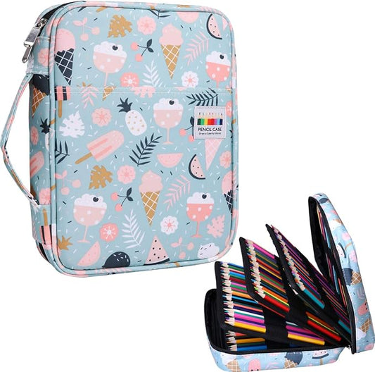 JAKAGO 220 Slots Colored Pencil Case Large Capacity Pen Holder for Artist Painter Zipper Organizer Bag for Marker Highlighter Storage Case for Office Sketch Travel Supplies (Ice Cream)