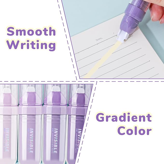 Temiary 4P Correction Tapes, Beige Core Smooth Pull Out for Writing, Purple | Smooth Pull Out Aesthetic Cream Correction Tape Gradient Set, Quick Dry Applicator for Students School Office Supplies