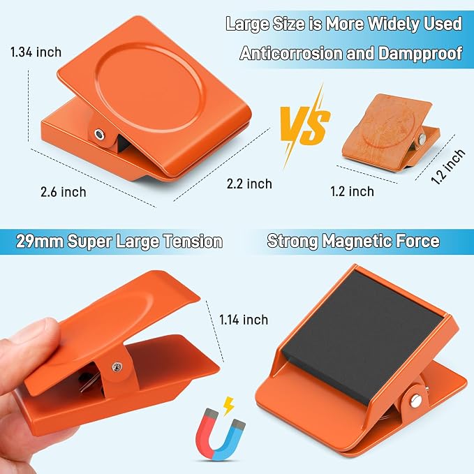 FINDMAG 4 Pack Magnetic Clips, Orange Fridge Magnet Clips for Kitchen Use | Clip Magnets for Fridge, 2.2 Inch Design, Whiteboard, Home, Office, Pictures, Decoration Gifts, Whiteboard, Classroom, Fridge