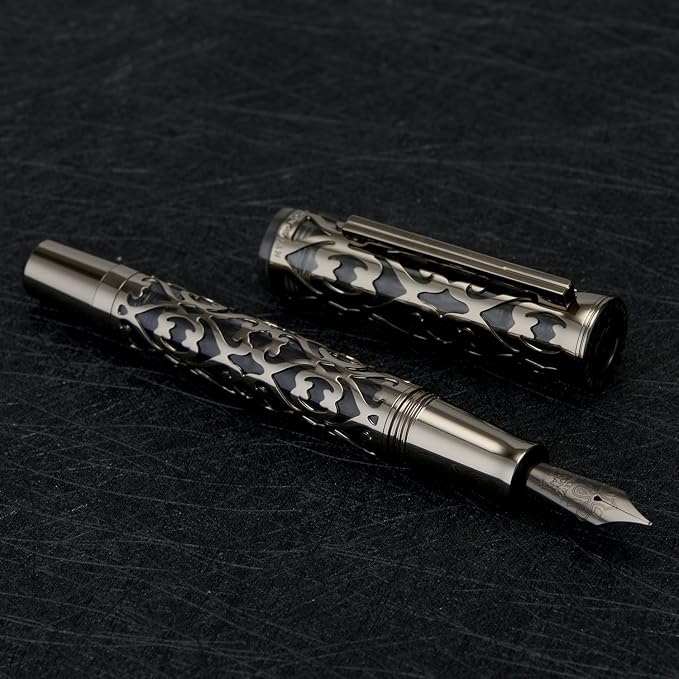 HONG DIAN D1 Piston Fountain Pen Extra Fine Soft Nib, Jet Black Hollow Skeleton & Resin Pen with Metal Case Set