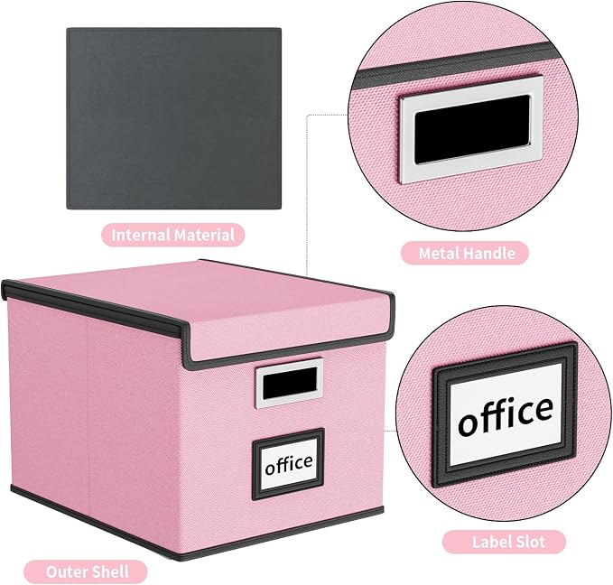 File Organizer Box with Lid, Collapsible File Folder Organizer for Office Document Storage, Filing Box with Plastic Slide for Letter Size Hanging File Folders(1 Pack, Pink)