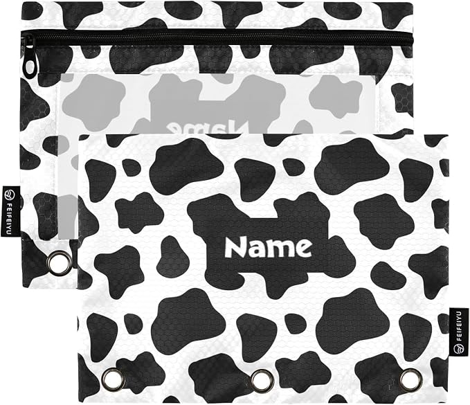 ALAZA Custom Personalized Your Name Pencil Pouch for 3 Ring Binder, Black and White Cow Print Binder Pencil Pouches with Clear Window Zipper Pencil Case Cosmetic Bags for Office College Supplies, 2PCS