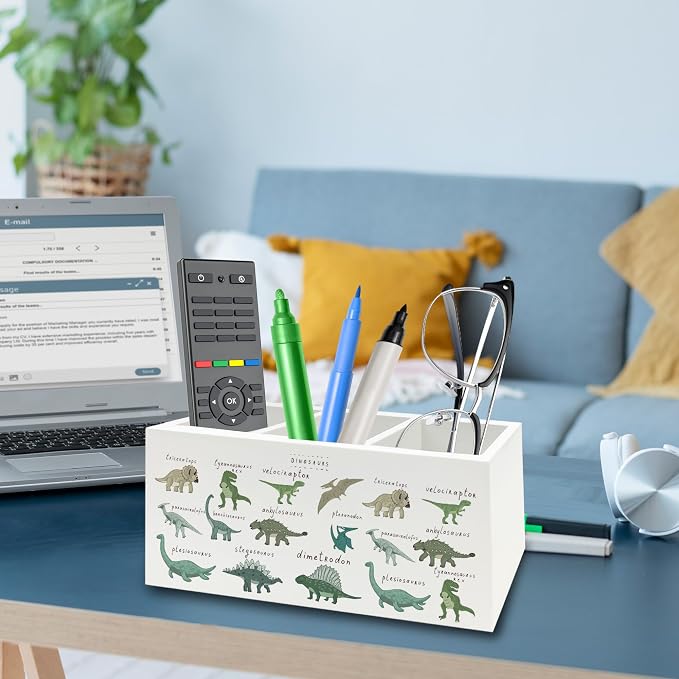 Dinosaur Pen Pencil Holder Organizer for Desk, Dino Type Educational Chart Wooden Box Signs Decorations for Kids Boys Room Bedroom Classroom Desk Tabletop, Dinosaur Gifts for Kids Boys