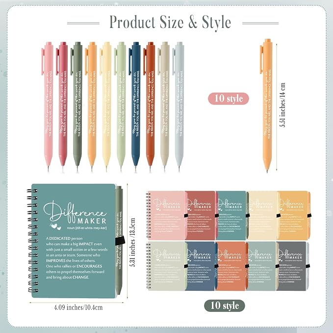 Resurhang 20 Sets Difference Maker Employee Appreciation Gift Bulk Inspirational A6 Spiral Notebook Journal Ballpoint Pens for Teacher Volunteer Coworker Team Back to School (Morandi Colors)