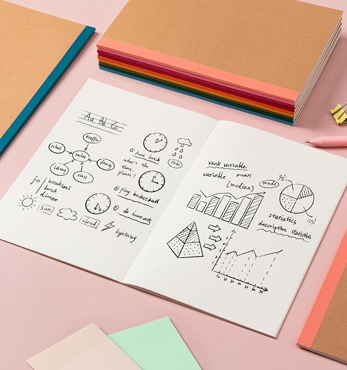 60 Pack Blank Notebook Journals Bulk, A5 Unlined Paper Composition Notebook, 8.3”x 5.5”, Kraft Cover with Rainbow Spines, 15 Colors 60 Pages for School Office Travel