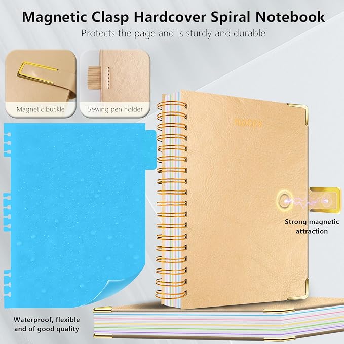 Hardcover Spiral Notebook College Ruled, 6.2"x 8.2" Leather Journal Notebook with Magnetic Closure, 300 Pages 5 Subject Notebook with Dividers Tabs Journal for Women Men, Work, School(Golden)