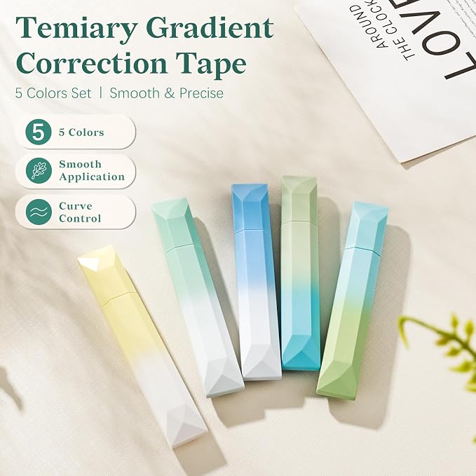 Temiary 5 Pcs White Correction Tapes, Aesthetic White Smooth Pull Out Tape Pens for Instant Corrections, Easy to Use Tear-Resistant Pen Shaped Applicator for Office School Supplies (Gradient Green)