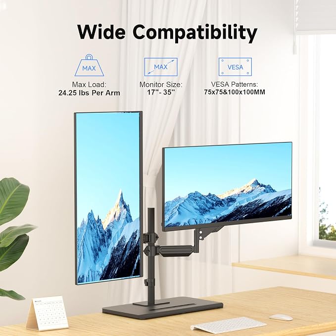 Suptek Freestanding Dual Monitor Stand for 2 Screens up to 35 Inches, Height Adjustable Monitor Arms Hold 24.25 lbs Each, Full Motion Dual Monitor Mount with Large Stable Base, VESA 75/100