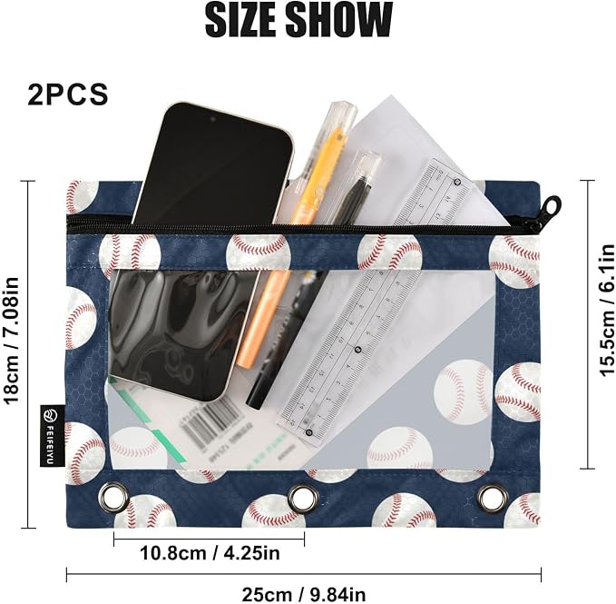 Baseball Pencil Pouches for 3 Ring Binder, Zipper Binder Pencil Case, 2 Pack Clear Window Case Bag for Office Organizers