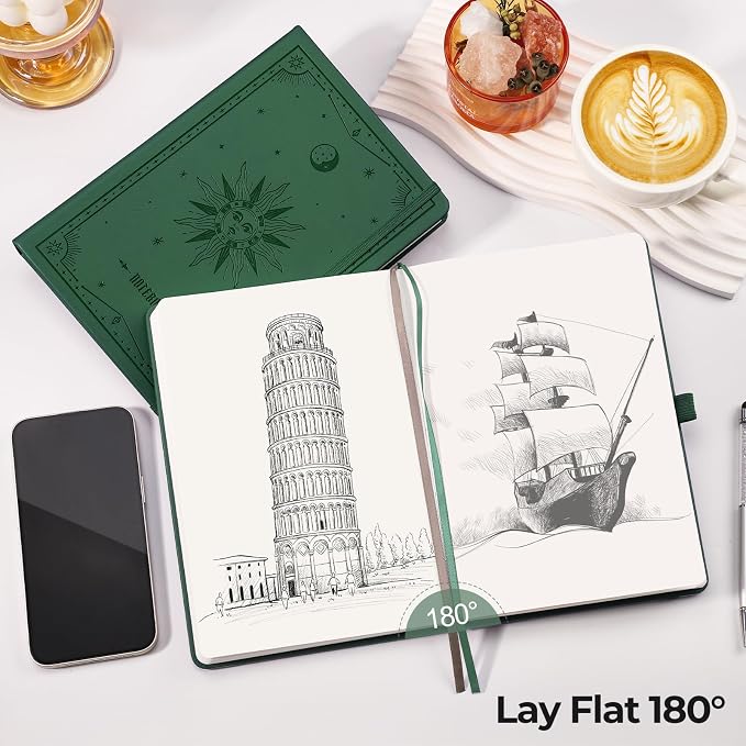 EMSHOI Blank Journal Notebook, 320 Pages, A5 Size (5.7'' x 8.3'') | Leather Hardcover, 100 GSM Thick Paper, Unlined, Plain, for Sketching, Drawing, Painting, Sun Debossed (Dark Green)