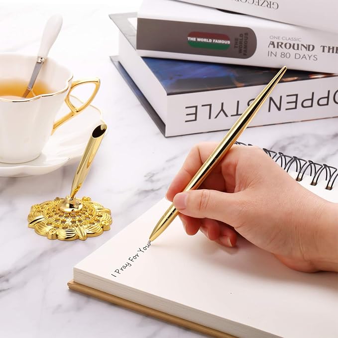 Outus 2 Pieces Wedding Pens for Guest Book Signing Pen with Metal Hollow Round Holder Stand Set for Wedding Bridal Engagement Reception Supplies(Gold)