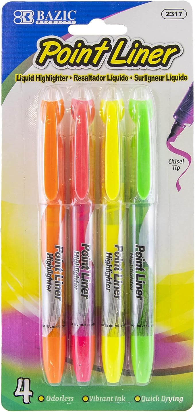 BAZIC PRODUCTS Liquid Ink Highlighters, Pen Style, See-Through, 24-Box | chisel tip, Assorted liquid-ink highlighters, see-through barrel shows ink level, Non-toxic, ASTM D-4236, odorless