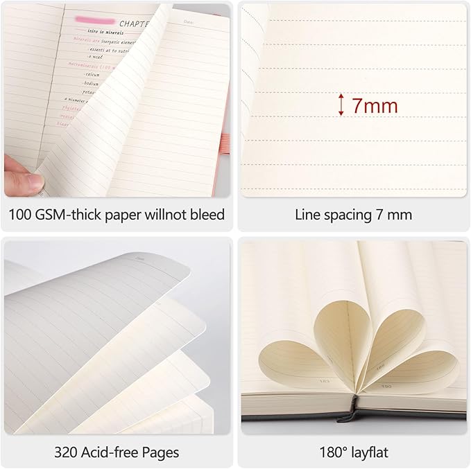 AHGXG College Ruled Notebook, 320 Pages, Large Journal A4 (8.5''×11') | Thick Lined Notebook for Note Taking, 100GSM Paper, Leather Softcover, for Women Men (Black)