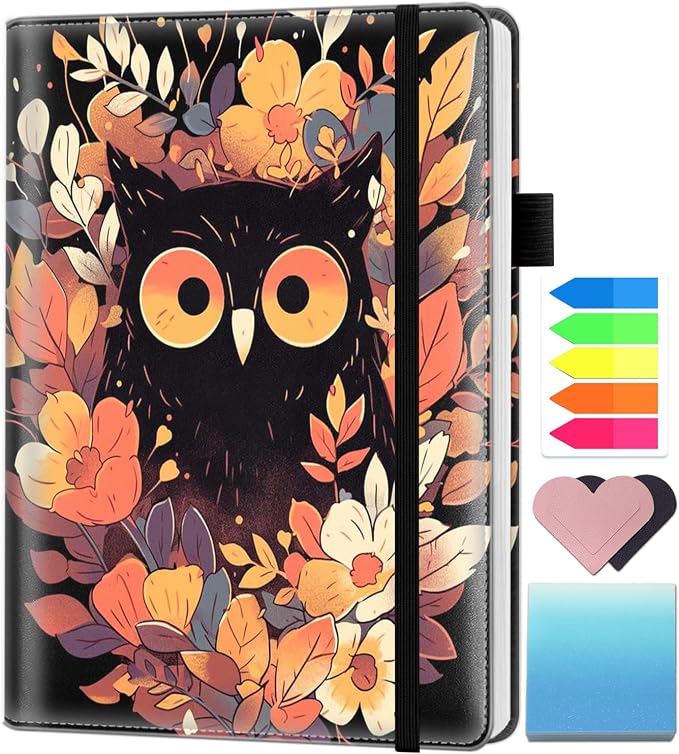 A5 Leather Lined Journal Notebook, 200 Pages Hardcover Executive Notebook for Men Women Office School Note Taking, Thick Writing Paper Daily Journal with Bookmarks/Indexes, Flower Owl