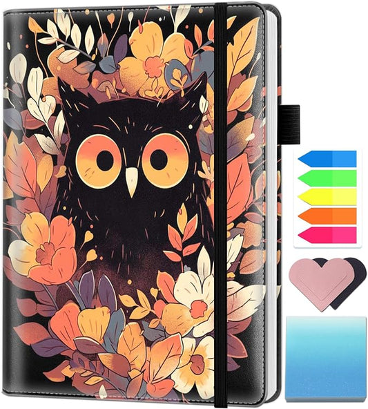 A5 Leather Lined Journal Notebook, 200 Pages Hardcover Executive Notebook for Men Women Office School Note Taking, Thick Writing Paper Daily Journal with Bookmarks/Indexes, Flower Owl