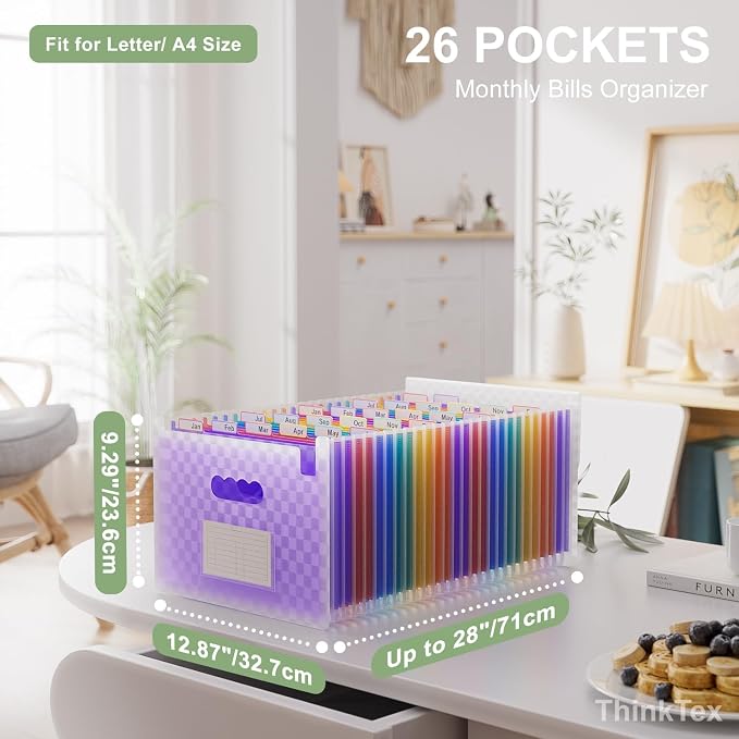ThinkTex 26 Pockets Expanding File Folders, Accordion File Organizer | Monthly Bill Receipt Documents Organizer, A-Z Colorful Tabs, Letter/A4 Size for Classroom Office Home Hospital - Purple