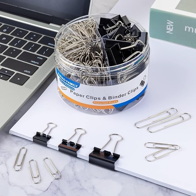 FUDAO FAMILY Paper Clips & Binder Clips, 340 PCS Assorted Sizes, Silver & Black, Metal, Medium, Large, Small