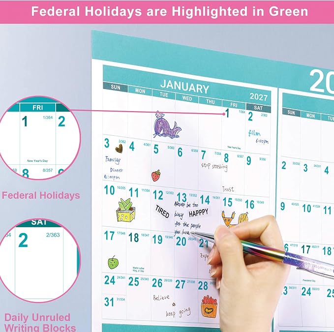 2027 Wall Calendar, 34.3" x 22.8"(open), Jan.2027 - Dec.2027 | Yearly Wall Calendar 2027, 2027 Calendar with Thick Paper, One Page for Organizing, Vertical, Round Stickers - Green
