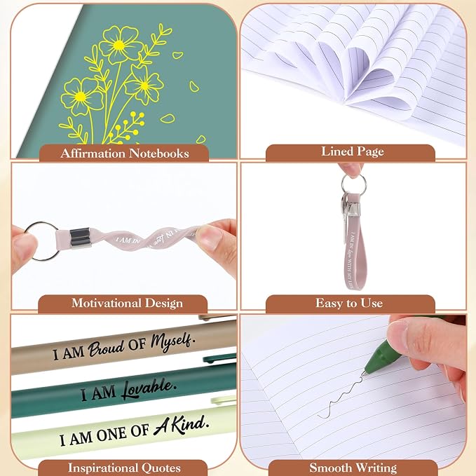 Mooliwe 24 Set Positive Affirmation Gift Set Gratitude Notebooks with Pens Keychains Small Bags Motivational Party Favors for Adult Women Coworkers Employee Group (Morandi)