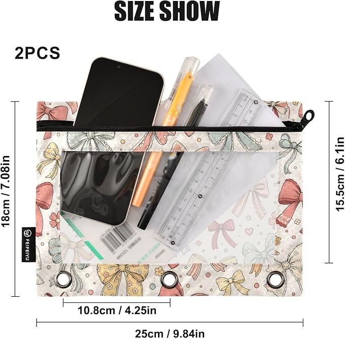 ALAZA Pencil Pouch for 3 Ring Binder, Polka Dot Lace Bows Binder Pencil Pouches with Clear Window Zipper Pencil Case Cosmetic Bags for Office College Supplies, 2PCS