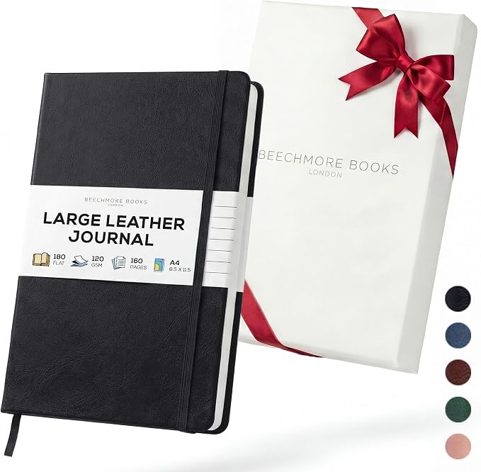 BEECHMORE BOOKS Large Lined Journal Notebook, 8.5" x 11.5" (A4) Hardcover Vegan Leather Executive Diary for Work, Thick 120gsm Paper, Lay-Flat Binding, Gift Box