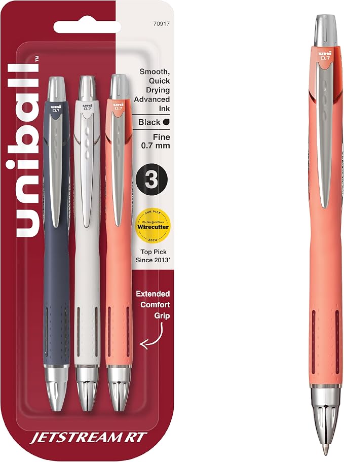 uniball™ Jetstream RT Ballpoint Pens, Black Ink, 0.7mm Fine Point, 3 Count | Retractable, Smooth Writing, Quick-Drying, Smear-Resistant, uni Super Ink™
