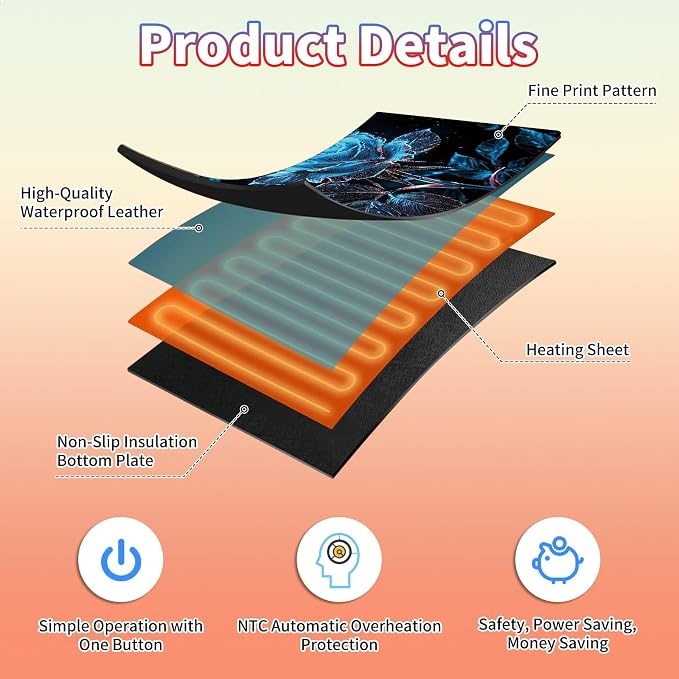 Heated Desk Pad Large Mouse Pad 23.6 x 14.1 inch with 3 Levels Heating & Auto Shut-Off Warm Mouse pad PU Leather Computer Mousepad for Home Office Work - Blue Rose Flower