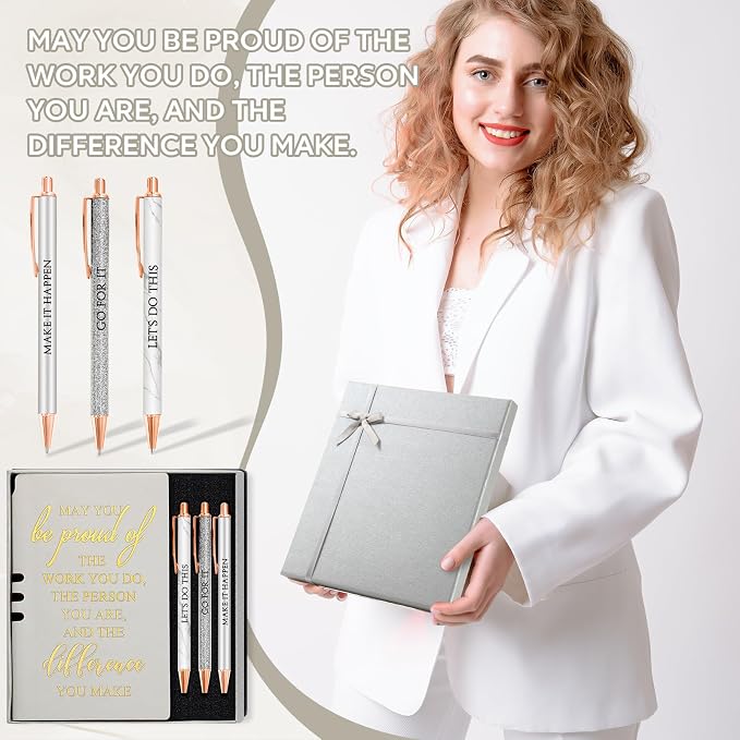 Resurhang 5 Pcs Employee Appreciation Gift Leather Journal Notebook 3 Ballpoint Pens with Box Back to School Thank You Gift for Nurse Volunteer Teacher Secretary Coworker Women(Silver)
