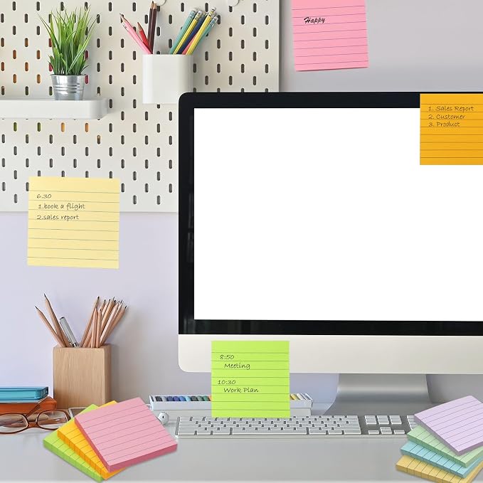 HQCME 9 Pack Lined Sticky Notes 3x3 in Post Sticky Notes with Lines, 9 Multi Colors Ruled Colorful Super Sticking Power Memon Pads, 82 Sheets/Pad