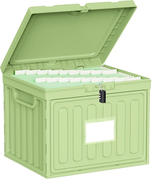Oterri Lockable Plastic File Box with Lid for Letter-Size | Hanging File Folders Not Included. Green, Large 1-Pack. Home, Office, Classroom, Dorm, Tax, Under Bed, Filing Cabinet.