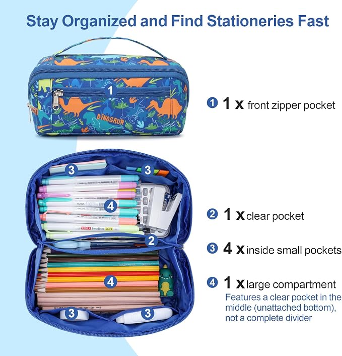 Large Pencil Case for Boys - Aesthetic Pencil Pouch for School | Kids Pencil Case & Wide Handle, Water Resistent Organizer Box,Fits 50 Pens & Markers, Daily Use, Blue Dinosaur