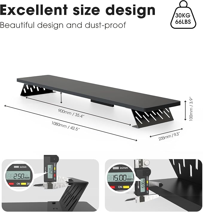 Fenge Monitor Stand Riser, Wooden & Metal Desk Shelf Organizer, Black | 42.5 Inch Dual Monitor Riser for 2 Monitors, Multifunctional Monitor Shelf for Laptop, PC, Printer