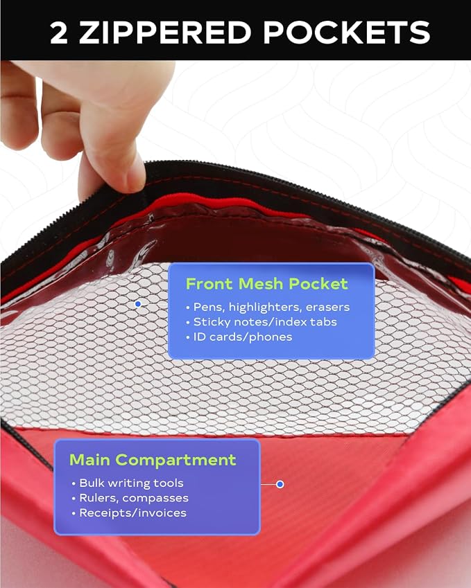 3 Ring Binder Pencil Pouch - Oxford Fabric Pencil Case with 2 Zippered Pockets, Clear Mesh Window Pencil Bag, B5 Size for Office & Travel Supplies (Red)