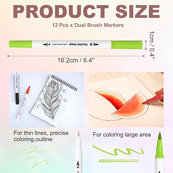 PATIKIL 12Pack Dual Brush Markers, Yellow Green Watercolor Fine and Brush Tips Pens Colored Marker Calligraphy Coloring Art Supplies Set for Coloring Book Illustration Sketching Journaling