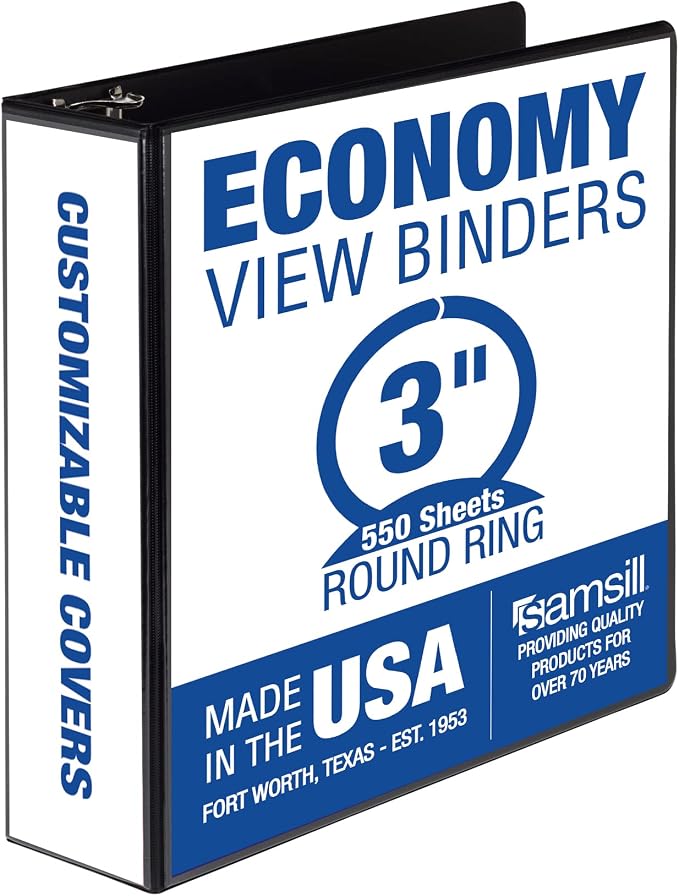 Samsill 3 Inch 3 Ring Binder, Economy Round Ring, Clear View Cover, 550 Sheet Capacity - for School, Home, Office - Charcoal Black