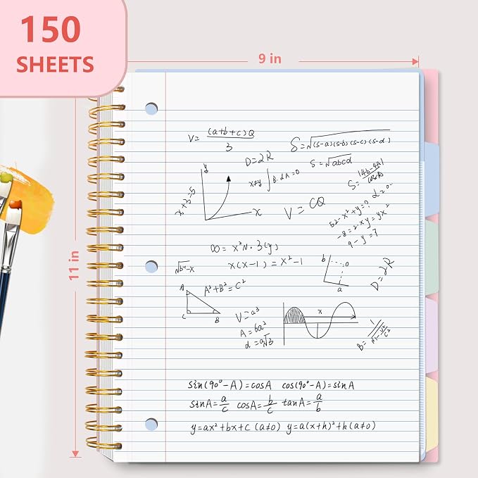 5 Subject Spiral Notebook, College Ruled, 150 Sheets, Pink Plastic Cover, 5 Movable Pastel Tab Dividers with Pockets, 3-Hole Punched, 75gsm Paper, Writable Stickers, Fits 8.5 x 11 in Paper