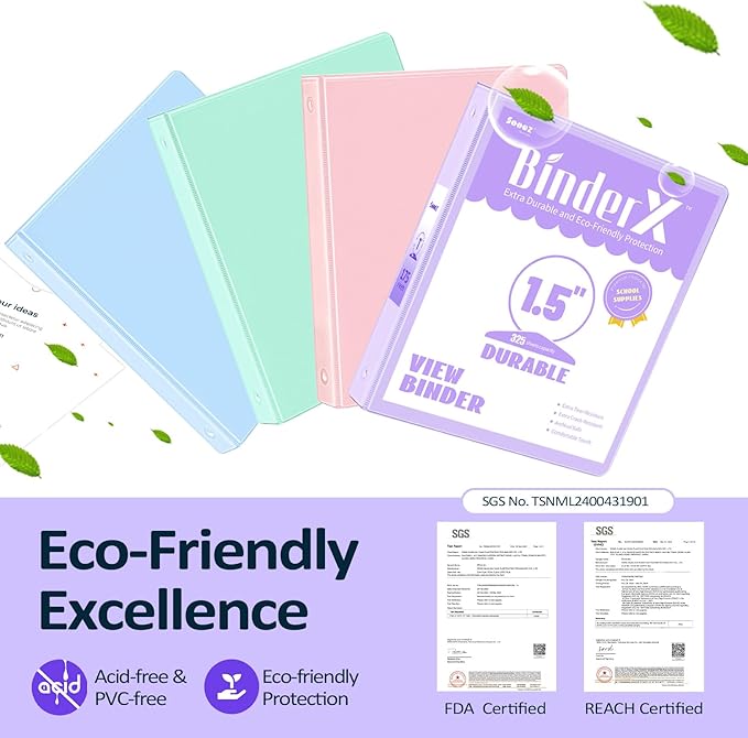 4 Pack Extra Durable 3 Ring Binders 1.5 Inch, Sooez 1.5” Three Ring Binder, Eco-Friendly & PVC Free, Customizable Clear View Cover for Letter Size 8.5 x 11'' Paper, School Office Supplies for Girl