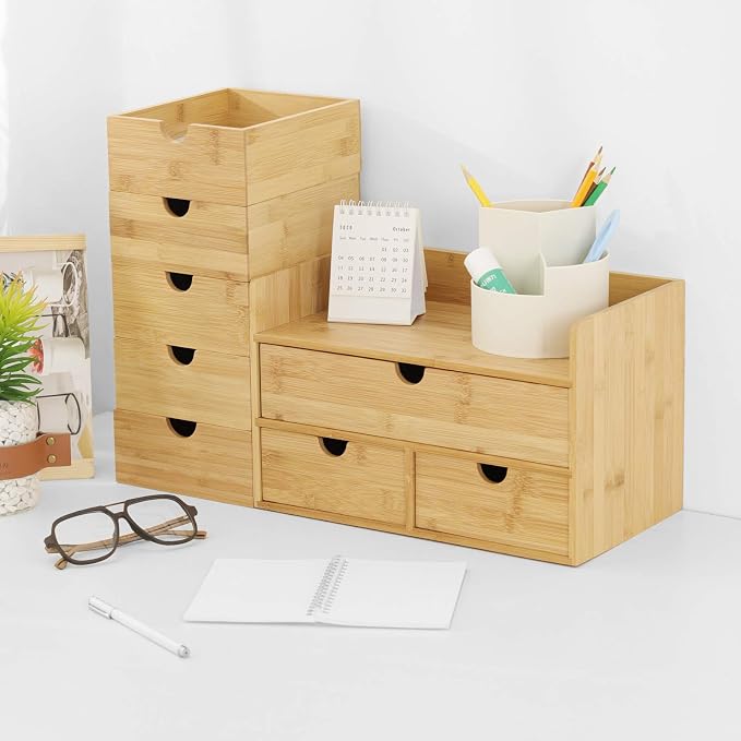 Wisuce Bamboo Desk Drawer Organizer, Desktop Organizer with Drawers Tabletop Storage Organization Box for Office Home Toiletries Supplies Vanity, No Assembly Required(2 Drawers)
