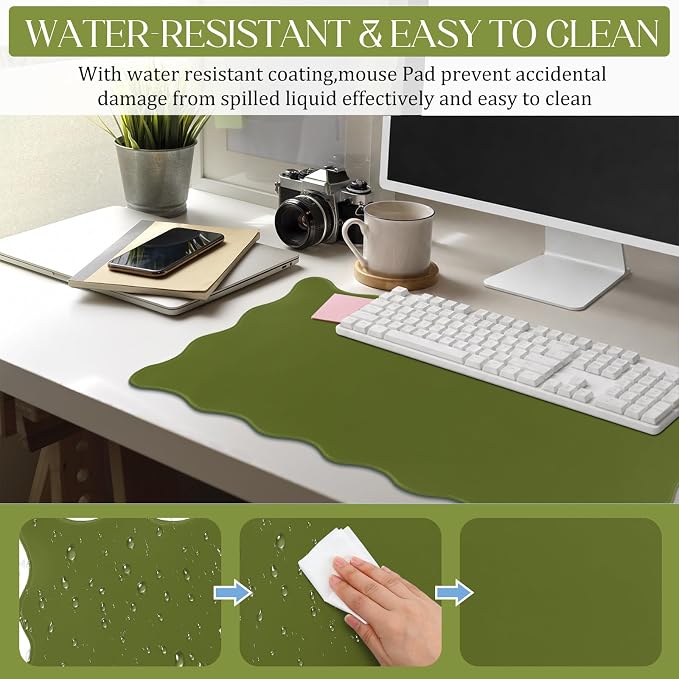 Hahafelt Scalloped Desk Mat Large Desk Pad Cute Coquette Table Mat Back to School Preppy Table Make up Pad Nonslip Graduation Gift with Stitching Waterproof Gaming(Dark Green,31.5 x 15.8 Inches)