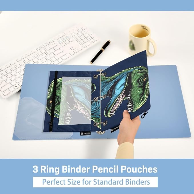 Green Dinosaur Pencil Pouch Fits standard 3-ring binders, Zipper Binder Pencil Bag with Clear Window for Office 2 Pack