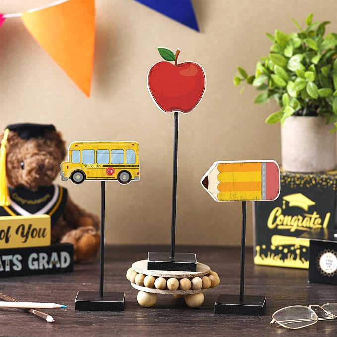 3 Pcs Back to School Table Decorations Wooden Pencil Apple Bus Sign Back to School Tabletop Centerpieces Farmhouse Wood Gifts Desktop Decor for The First Day Home Tiered Tray