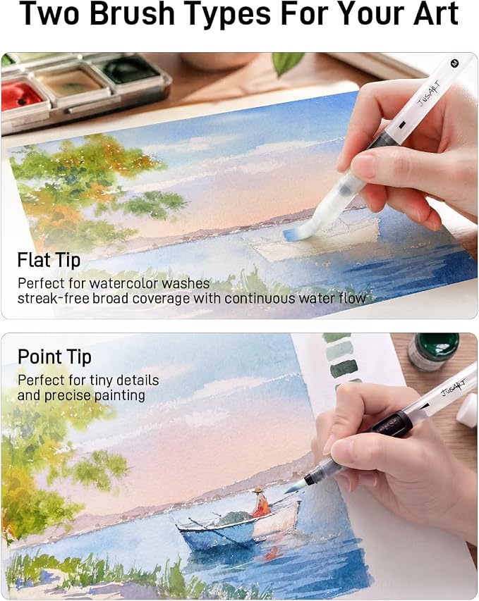 JusArt Water Brush Pens 6-Pack Leak-Proof Refillable Watercolor Pens for Acrylic and Gouache Painting - Includes Pointed & Flat Tip Styles - Portable Water Brushes for Artists, Beginners, Adults