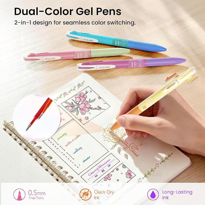 WRITECH Gel Pens Journaling Highlighters: Journal Set Aesthetic Assorted Pastel Color Ink 0.5mm Fine Point Retractable 2 in 1 Pen Smooth Writing Drawing 10ct