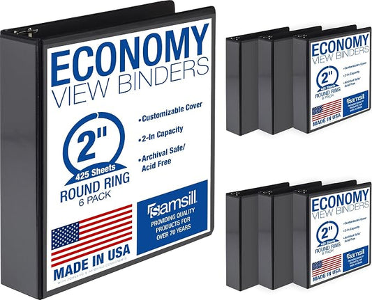 Samsill 2 Inch 3 Ring Binders, Economy Round Ring, Clear View Cover, 425 Sheet Capacity - for School, Home, Office - Black, 6 Pack